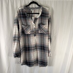 New CJ Banks Blouse Women's 16/18W 1X Pink Black Plaid V-Neck Lightweight